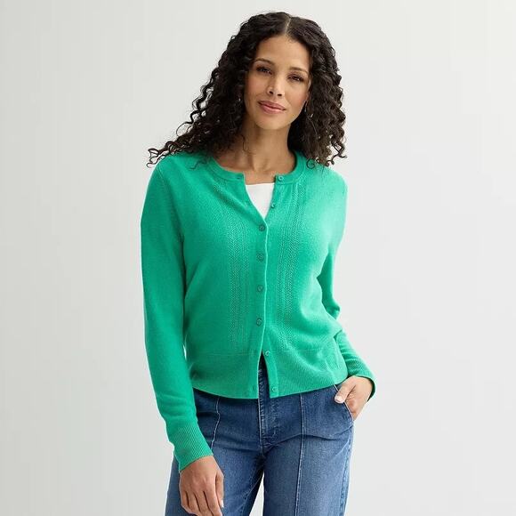 Croft & Barrow Women's Size L Green Pointelle Cardigan Sweater Button Front Knit - Picture 1 of 10